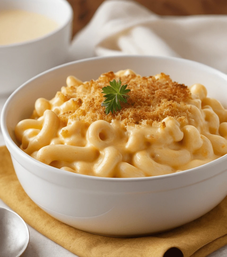 Creamy gluten-free mac and cheese topped with golden breadcrumbs in a white bowl.