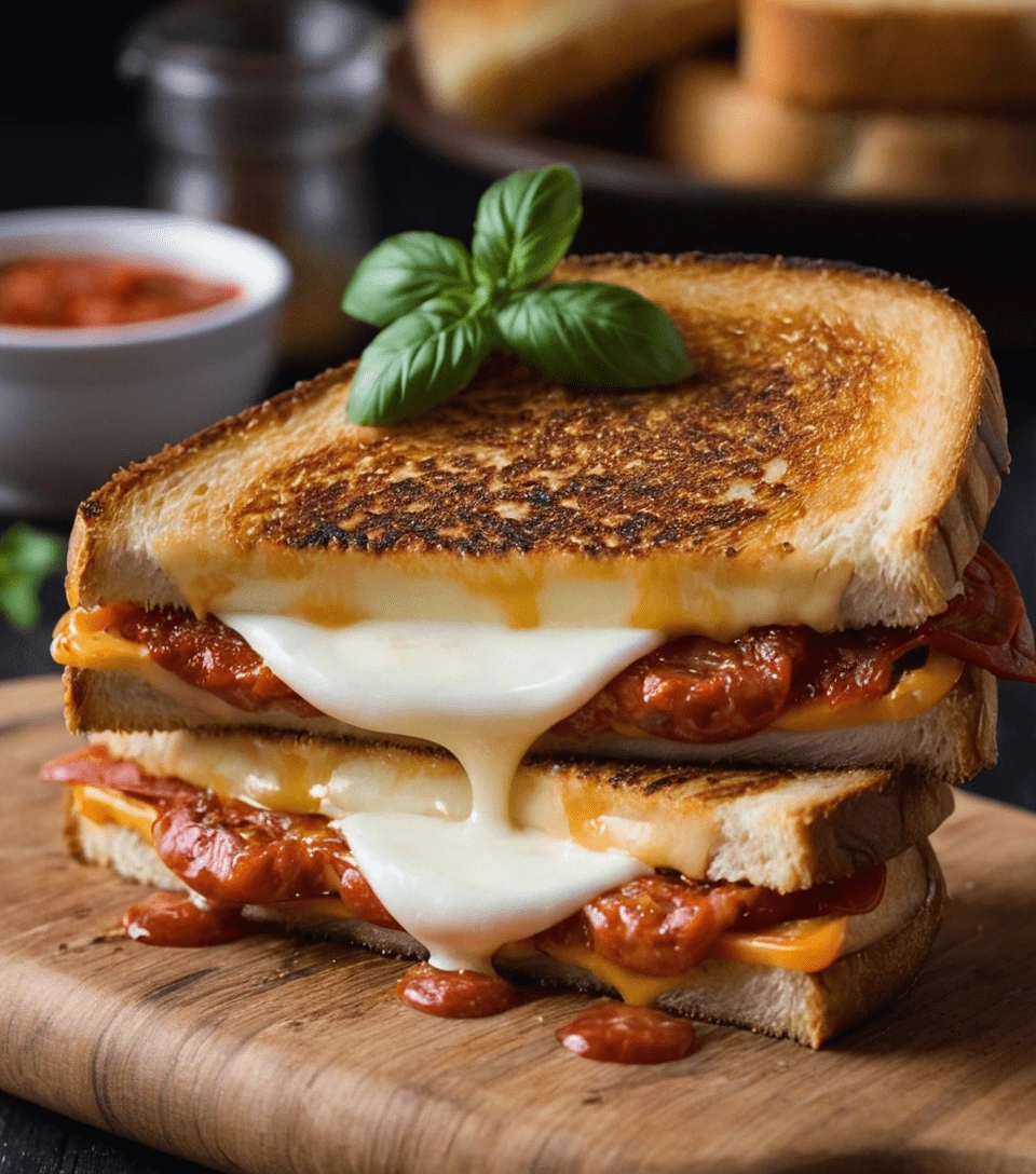 Close-up of a grilled cheese sandwich with melted mozzarella and tomato sauce, garnished with fresh basil.