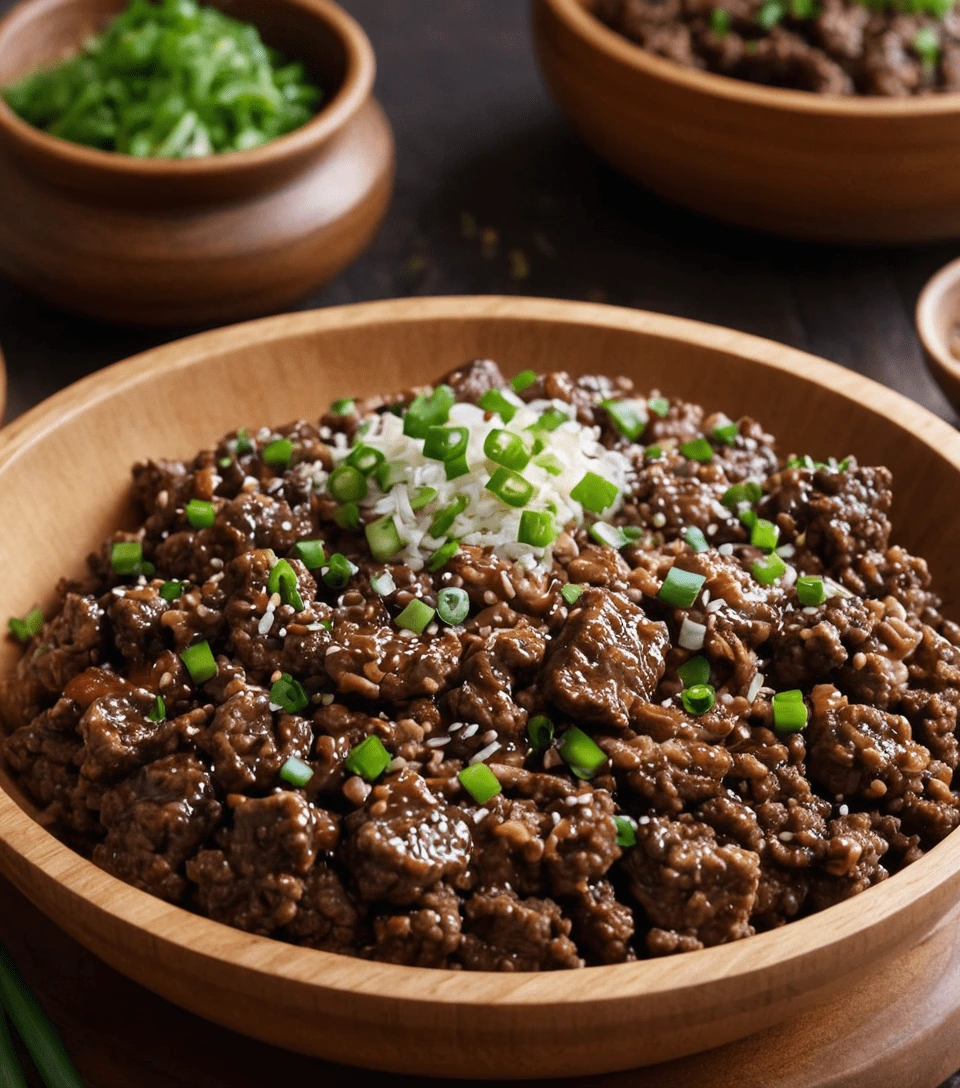 Ground beef bulgogi in a wooden bowl garnished with green onions and sesame seeds.