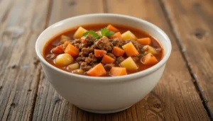 Crock-Pot Ground Beef Vegetable Soup in a bowl with fresh herbs.