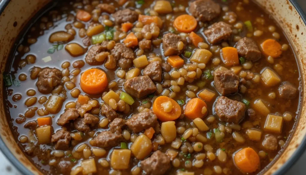 A hearty bowl of beef barley soup with tender chunks of beef, pearl barley, and fresh vegetables in a rich, savory broth.