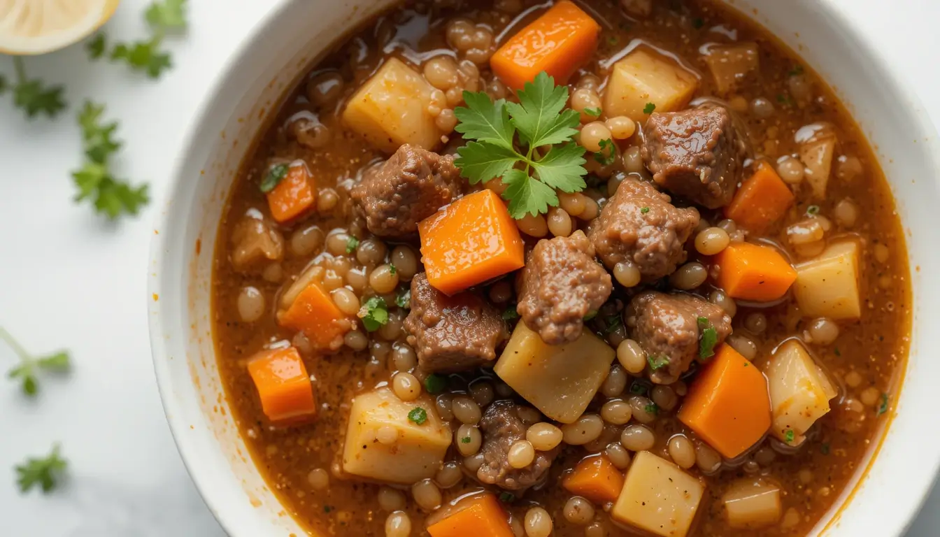 A hearty bowl of beef barley soup with tender chunks of beef, pearl barley, and fresh vegetables in a rich, savory broth, served in a white bowl