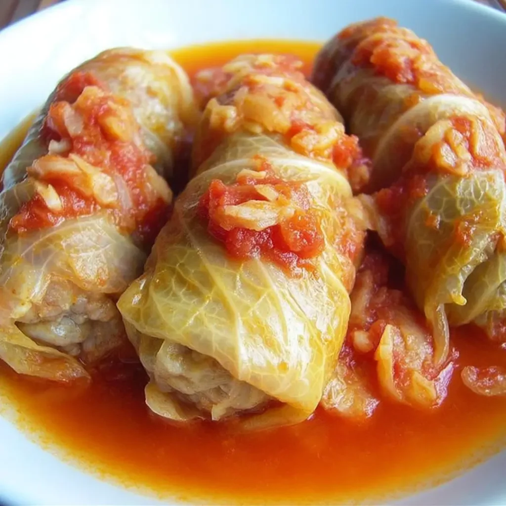 Hungarian stuffed cabbage rolls simmered in savory tomato sauce for a hearty traditional meal.