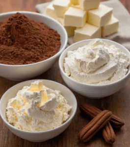 A soft, natural-light image showcasing a bowl of flour, a bowl of cocoa powder, a pat of butter, and a bowl of cream cheese on a blurred background, emphasizing their textures.