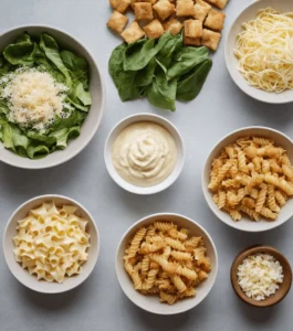 Caesar pasta salad ingredients: pasta, lettuce, croutons, parmesan.