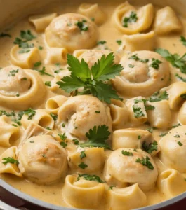 Creamy chicken tortellini in a pan garnished with fresh parsley.