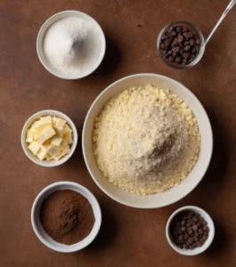 Baking ingredients including flour, sugar, butter, cocoa powder, and chocolate chips.