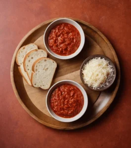 Overhead view of sliced bread, bowls of tomato sauce, and shredded mozzarella cheese.