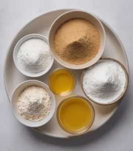 Assorted baking ingredients including flour, sugar, and melted butter.