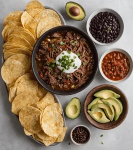 tortilla chips, shredded beef, black beans, salsa, and sliced avocado.