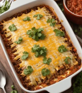 Cheesy baked Mexican-inspired lasagna topped with fresh cilantro.