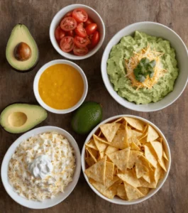 Ingredients for breakfast nachos including tortilla chips, guacamole, cheese, and cherry tomatoes.