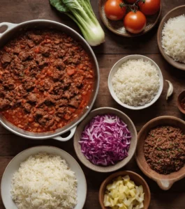 Overhead view of fresh ingredients: cabbage, ground beef, cooked rice, chopped onion, minced garlic, and tomato paste arranged on a wooden table.