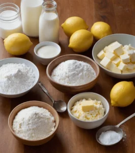 Ingredients for lemon cream cheese pound cake, including lemons, flour, sugar, butter, cream cheese, milk, and baking powder, arranged on a wooden surface.