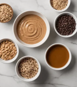 verhead view of white bowls filled with ingredients for energy bites, including peanut butter, honey, oats, chocolate chips, sunflower seeds, and peanuts.