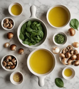 Overhead view of fresh ingredients including olive oil, spinach, mushrooms, onions, and spinach.