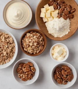 Top-down view of bowls of cracker crumbs, sugar, cream cheese, butter, and chopped pecans arranged on a minimal background.