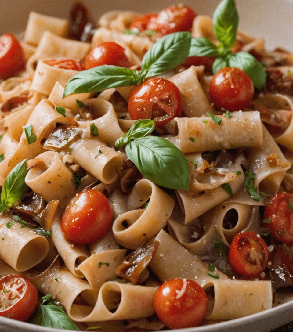 Italian drunken noodles with cherry tomatoes, basil, and mushrooms.