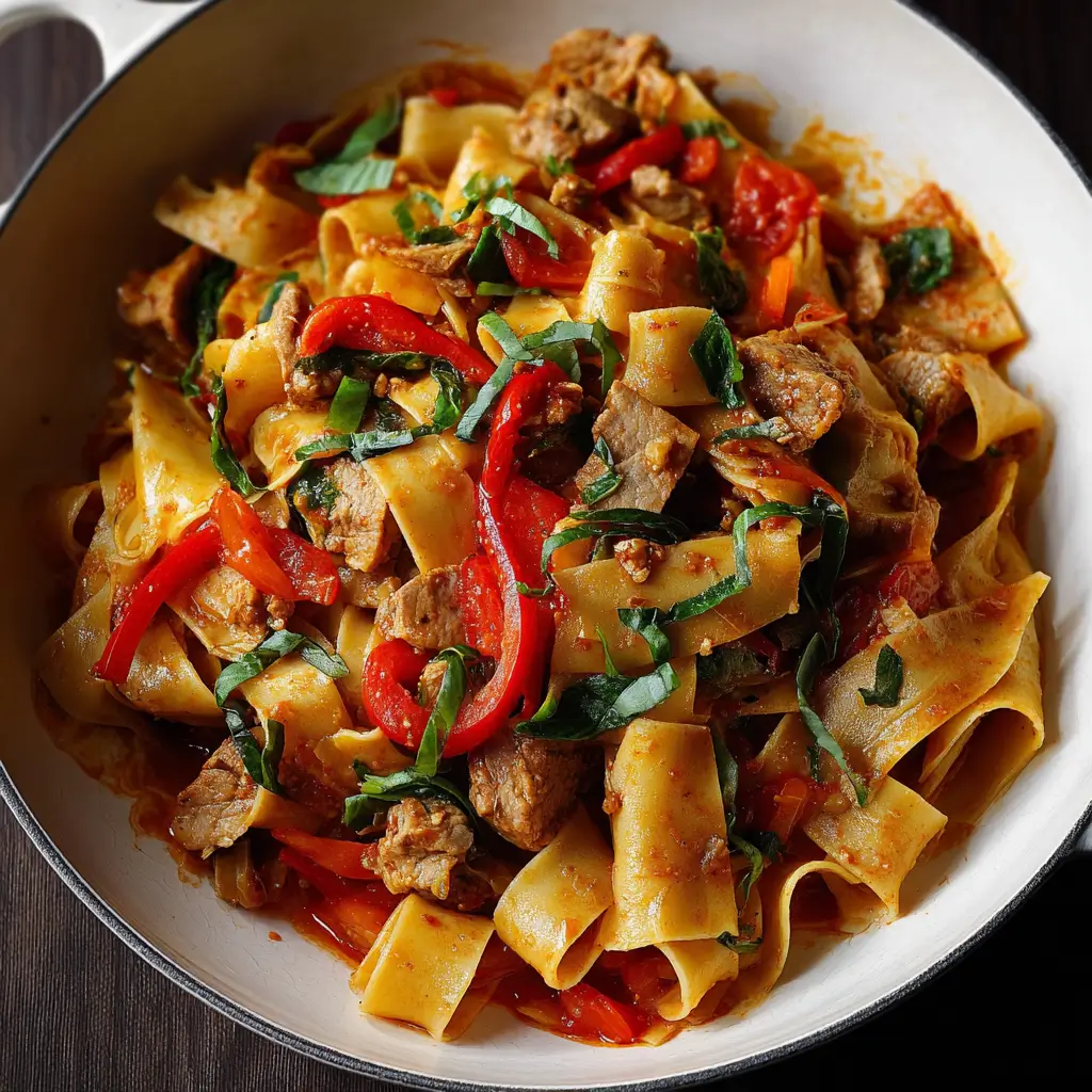 A white pan filled with a close-up view of a hearty Italian drunken noodles recipe featuring broad pasta ribbons, tender beef, vibrant red bell peppers, a savory tomato sauce, and fresh basil leaves, ready to be served.