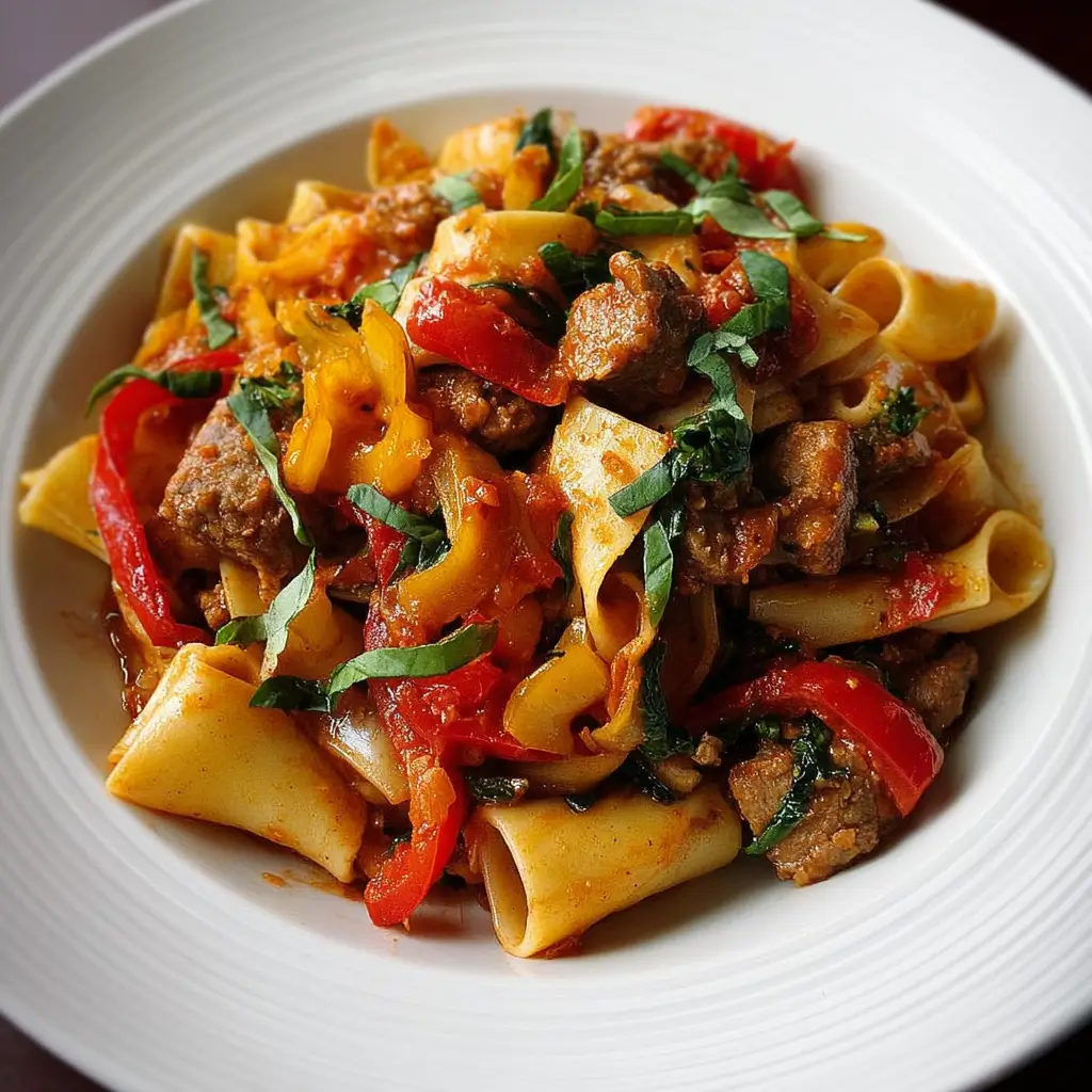 A close-up shot of a white bowl filled with Italian drunken noodles featuring thick pasta, tender beef chunks, red and yellow bell peppers, a rich tomato sauce, and fresh basil garnish.