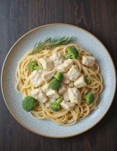 Spaghetti with creamy chicken cubes, broccoli, and rosemary garnish on a speckled ceramic plate.