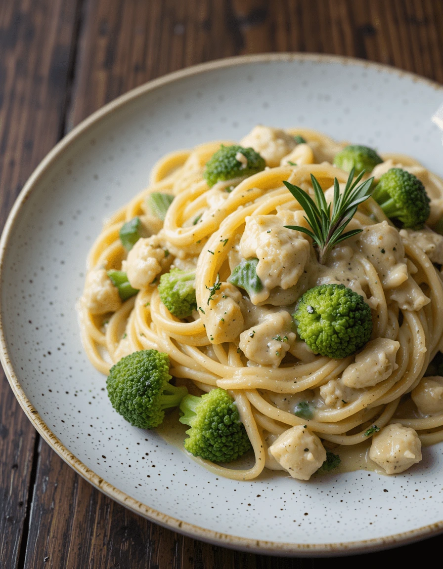 Creamy chicken and broccoli pasta garnished with fresh rosemary on a speckled ceramic plate.