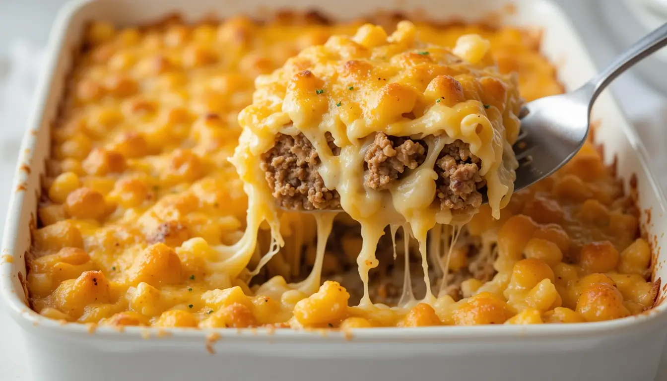 A white casserole dish filled with mac and cheese meatloaf casserole, with a serving being lifted to reveal its creamy, cheesy layers.