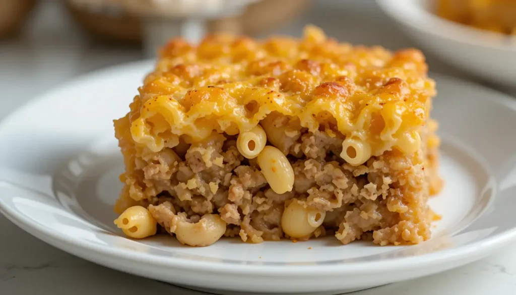 Close-up of a slice of mac and cheese meatloaf casserole served on a white plate, with crispy melted cheese on top.
