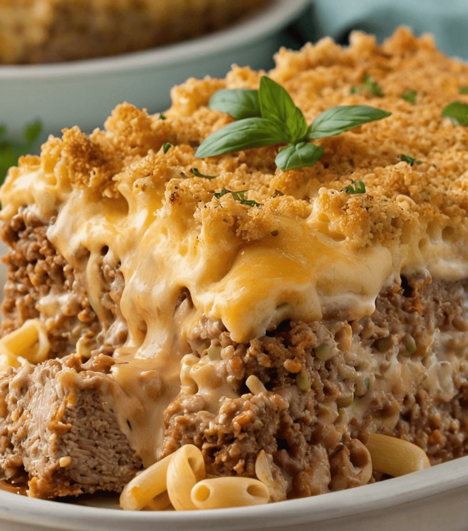 Delicious mac and cheese meatloaf casserole with creamy cheese layers, savory meatloaf, golden breadcrumb topping, and fresh basil garnish.