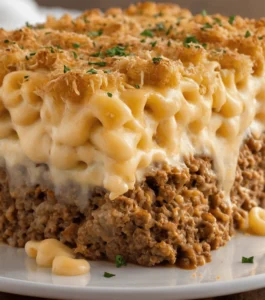 A close-up of a mac and cheese meatloaf casserole with creamy macaroni and cheese layered over juicy meatloaf, topped with a golden, crispy cheese crust and garnished with fresh herbs.