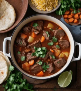 Mexican beef stew in a white Dutch oven with fresh cilantro garnish.