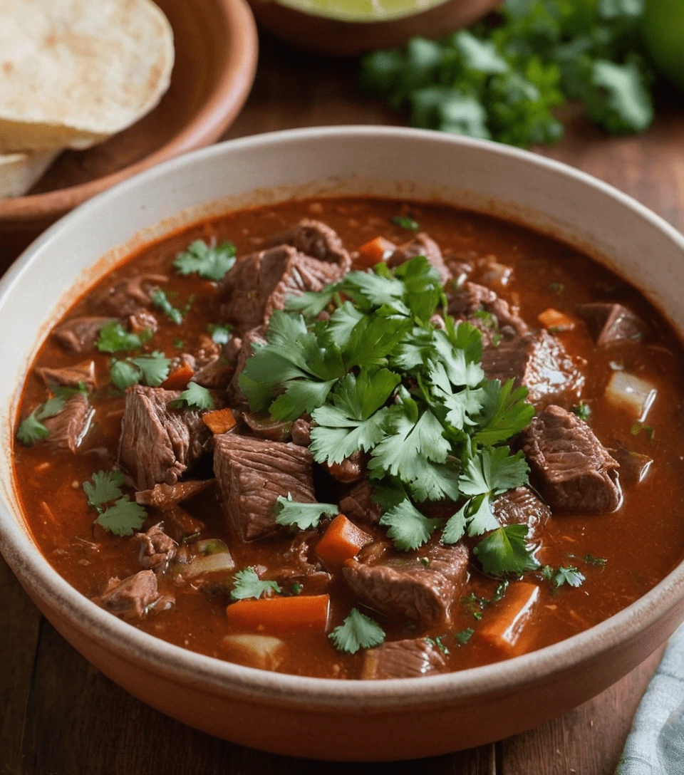 Mexican beef stew garnished with fresh cilantro in a rustic bowl.