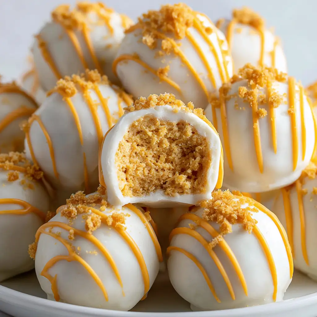 Pumpkin cheesecake truffle balls coated in white chocolate and decorated with orange drizzle and crumbs