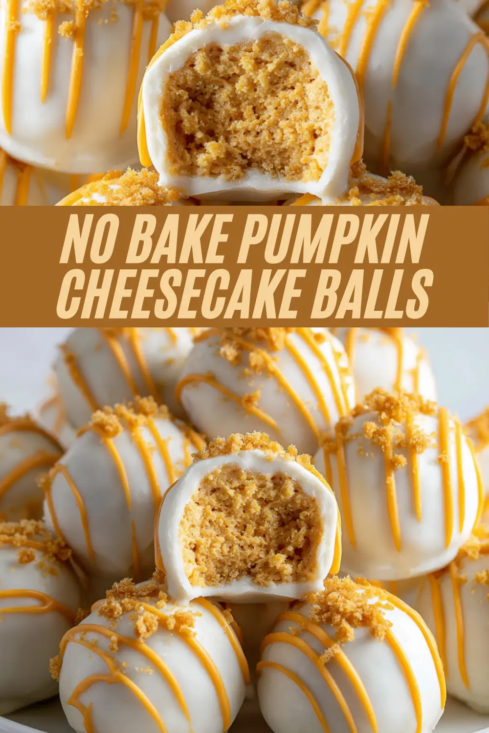 White chocolate covered pumpkin cheesecake truffles topped with orange drizzle and cookie crumbs