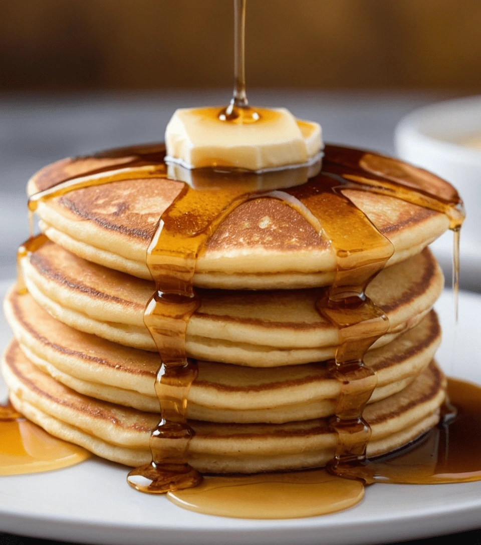 Stack of golden pancakes topped with butter and drizzled with maple syrup.