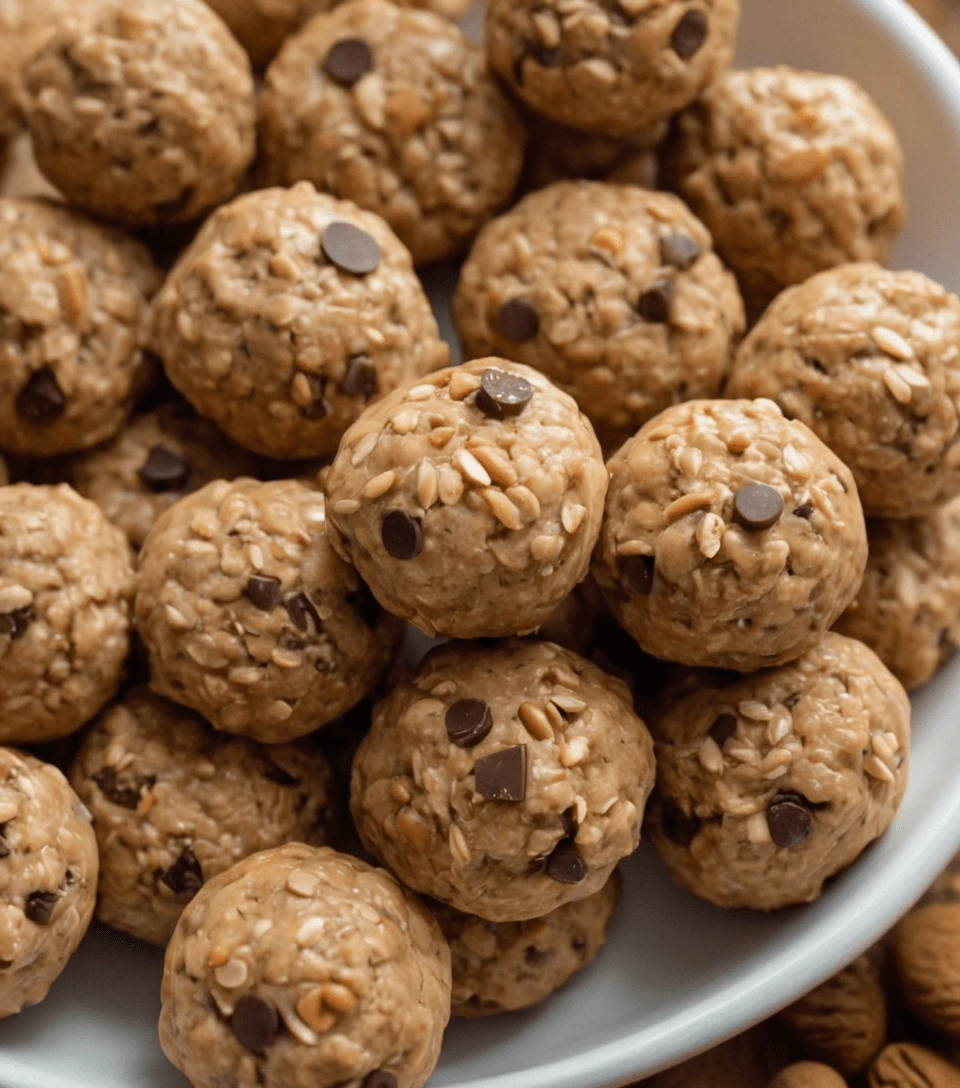 A bowl filled with no-bake energy bites made of oats, peanut butter, honey, and chocolate chips.