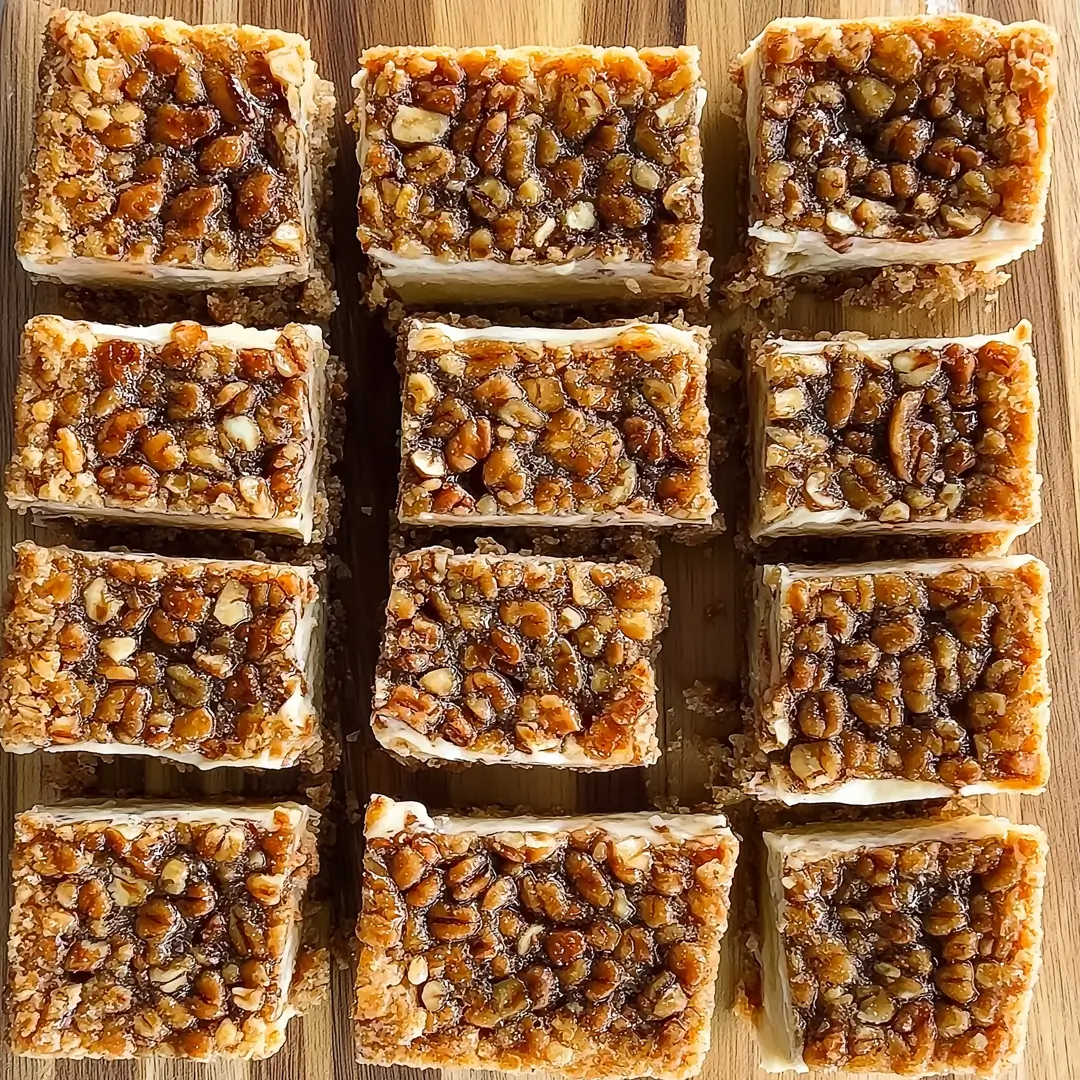 Pecan pie cheesecake bars cut into squares with creamy layers and caramelized pecan topping on a wooden board.