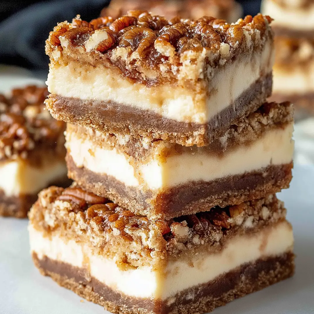 Pecan pie cheesecake bars with creamy layers, pecan topping, and a buttery crust.