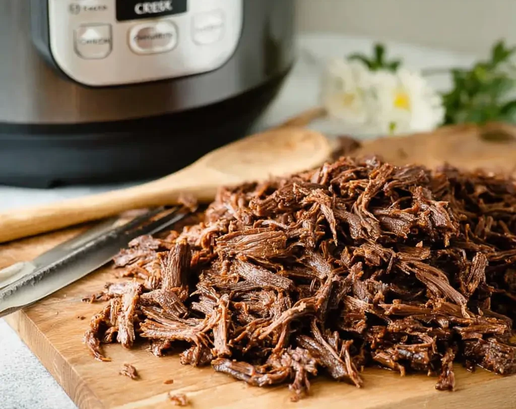 A close-up shot of a mound of dark, tender shredded beef on a wooden cutting board, with a slow cooker and a wooden spoon slightly out of focus in the background.