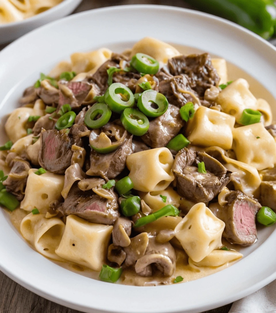 Philly cheesesteak tortellini pasta topped with sliced steak, green bell peppers, and a creamy cheese sauce on a white plate.