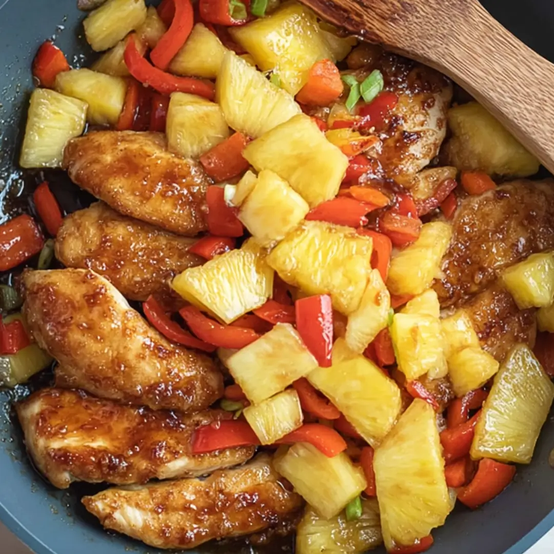 Pineapple Teriyaki Chicken Juicy chicken glazed in sweet teriyaki sauce with pineapple and bell peppers.