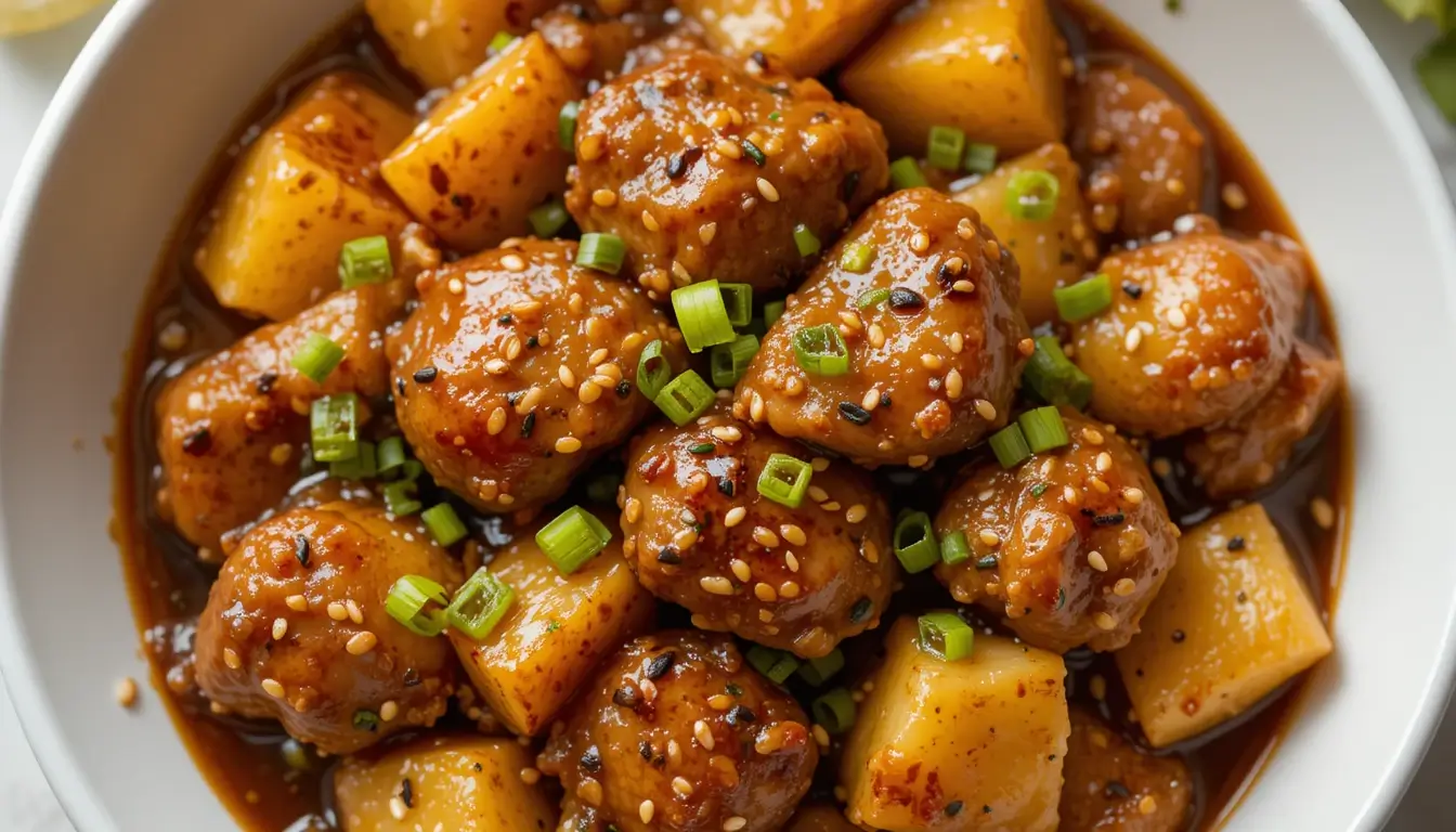 Pineapple Teriyaki Chicken served in a bowl with garnish.