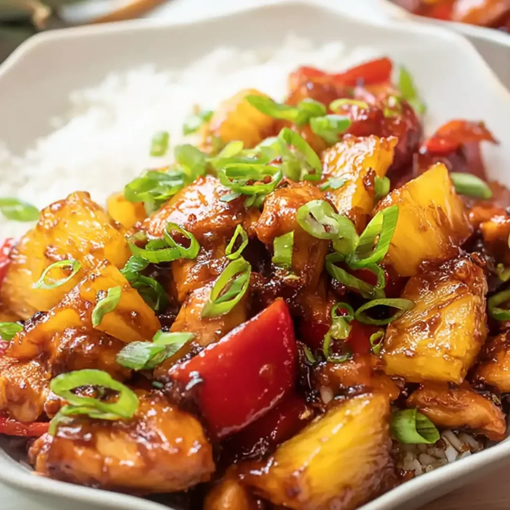 Pineapple Teriyaki Chicken Sweet and savory chicken served over rice with juicy pineapple and bell peppers.