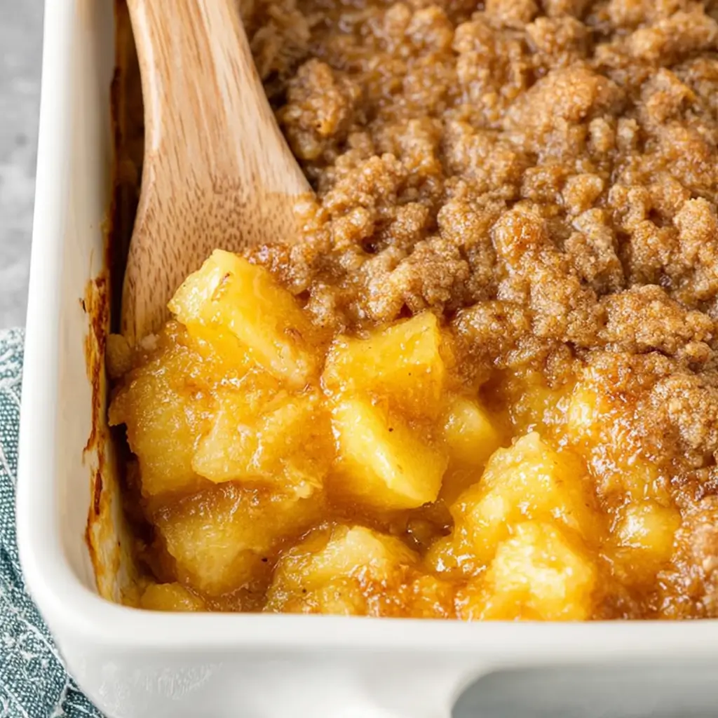 A wooden spoon scooping into a baked pineapple casserole in a white rectangular dish, showing the juicy pineapple chunks and crumbly brown sugar topping.
