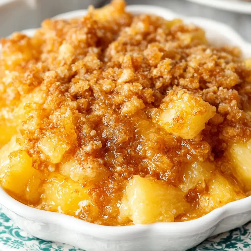A close-up view of a baked pineapple casserole in a white scalloped dish, featuring golden pineapple chunks under a crunchy, buttery crumb topping.