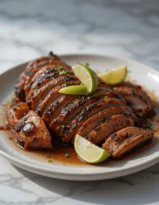 Sliced pollo asado with charred skin, lime wedges, and savory sauce on a white plate.