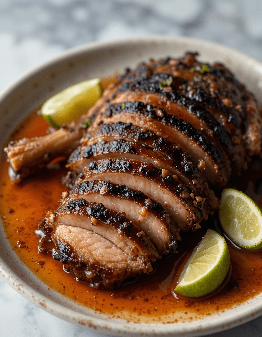 Sliced pollo asado with charred skin, juicy texture, lime wedges, and savory sauce in a bowl.