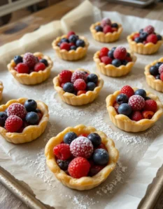 Mini fruit tartlets with fresh berries and powdered sugar on a parchment-lined tray.