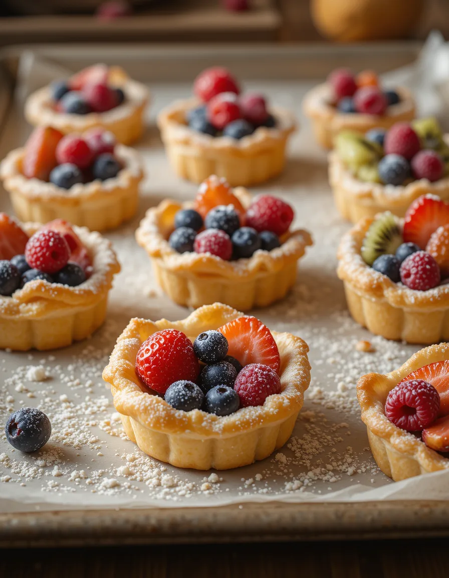 Fresh fruit tartlets with strawberries, blueberries, and raspberries on a baking tray.