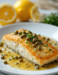 Pan-seared rockfish fillet with lemon caper sauce, garnished with fresh parsley and surrounded by a golden glaze